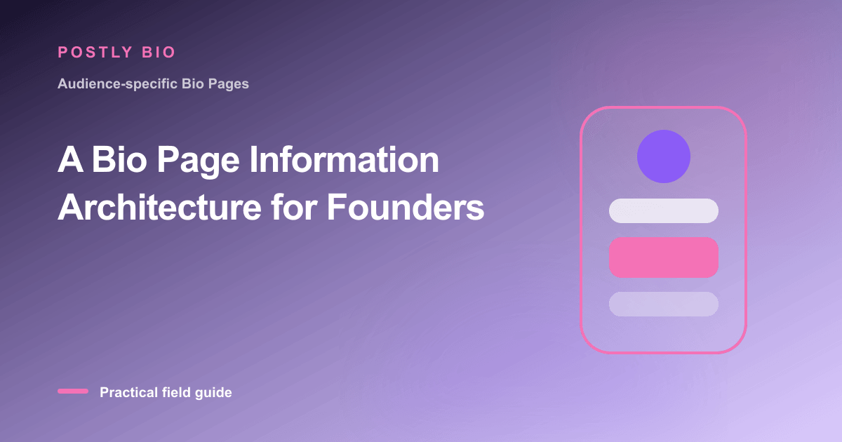 Branded illustration for “A Bio Page Information Architecture for Founders” with a focused mobile Bio Page layout