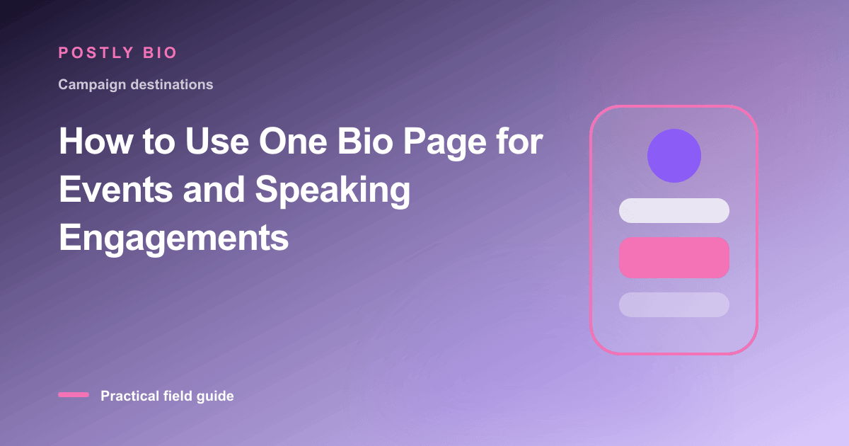 Branded illustration for “How to Use One Bio Page for Events and Speaking Engagements” with a focused mobile Bio Page layout