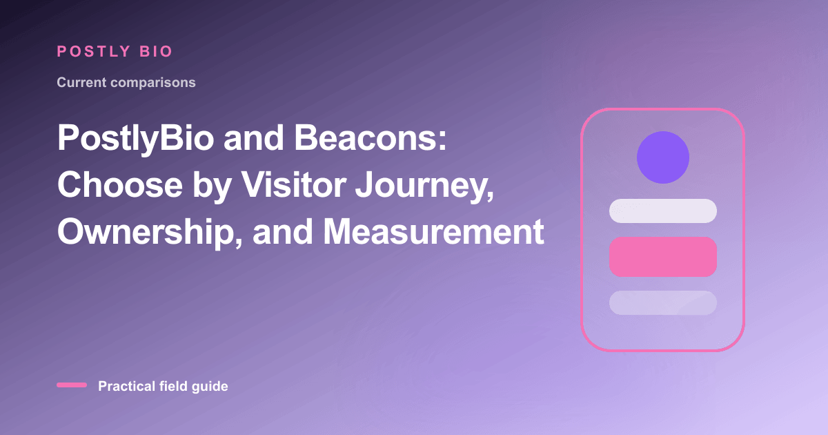 Branded illustration for “PostlyBio and Beacons: Choose by Visitor Journey, Ownership, and Measurement” with a focused