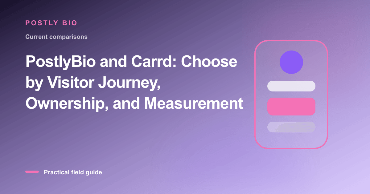 Branded illustration for “PostlyBio and Carrd: Choose by Visitor Journey, Ownership, and Measurement” with a focused mobile