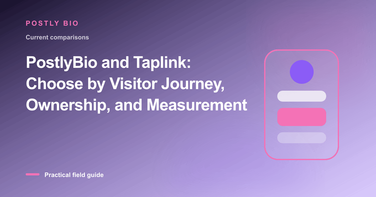 Branded illustration for “PostlyBio and Taplink: Choose by Visitor Journey, Ownership, and Measurement” with a focused
