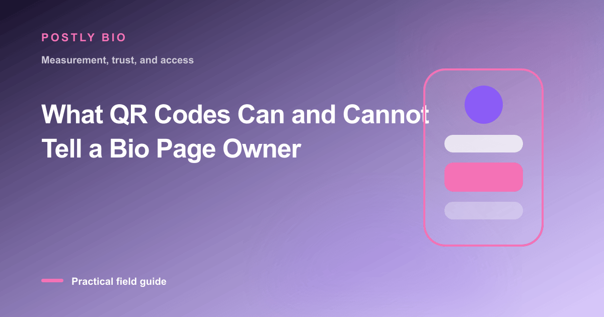Branded illustration for “What QR Codes Can and Cannot Tell a Bio Page Owner” with a focused mobile Bio Page layout