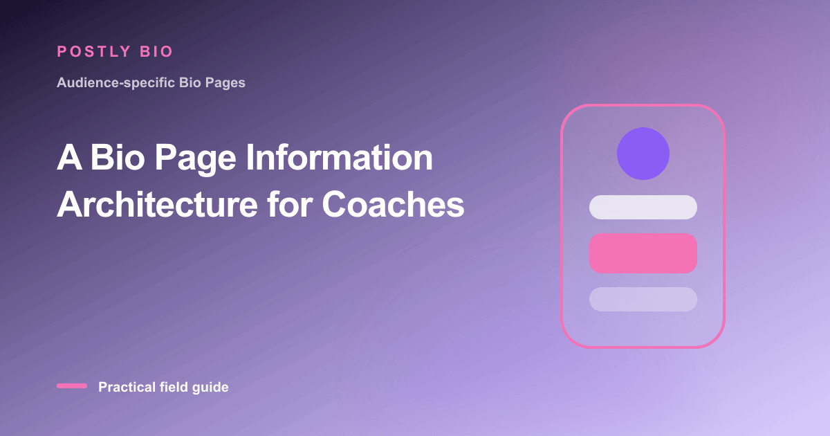 Branded illustration for “A Bio Page Information Architecture for Coaches” with a focused mobile Bio Page layout