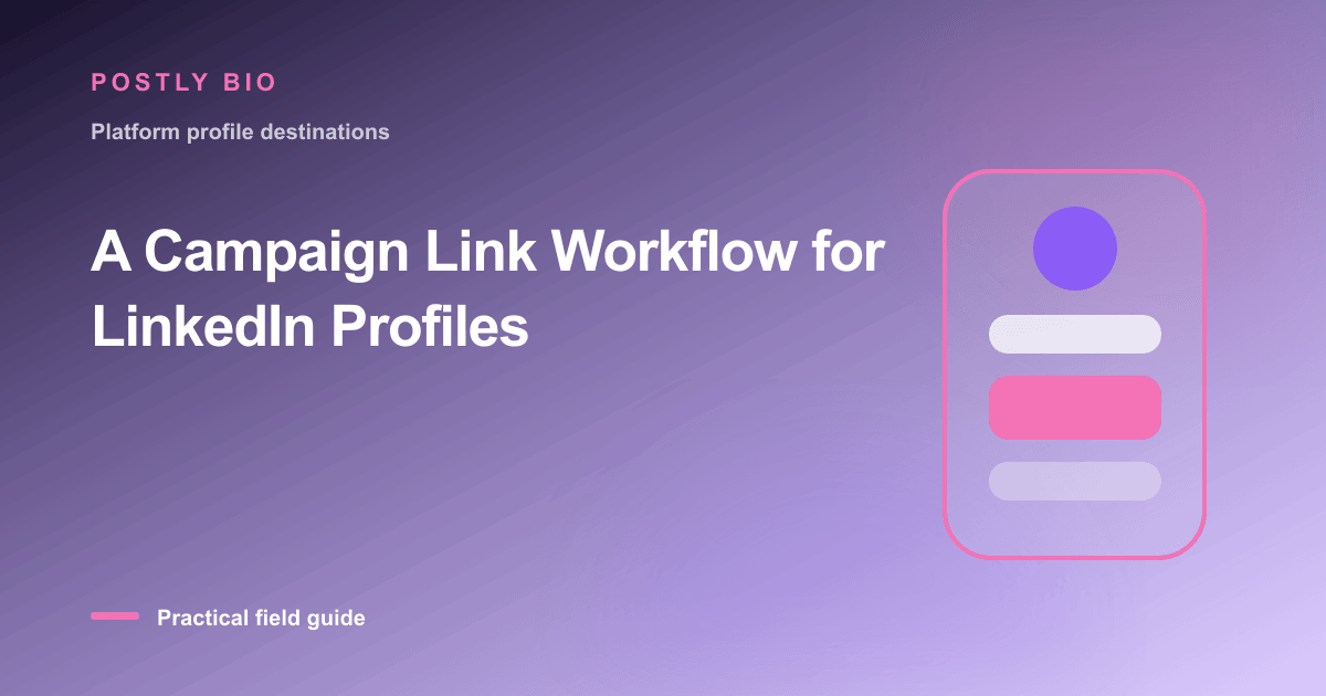 Branded illustration for “A Campaign Link Workflow for LinkedIn Profiles” with a focused mobile Bio Page layout