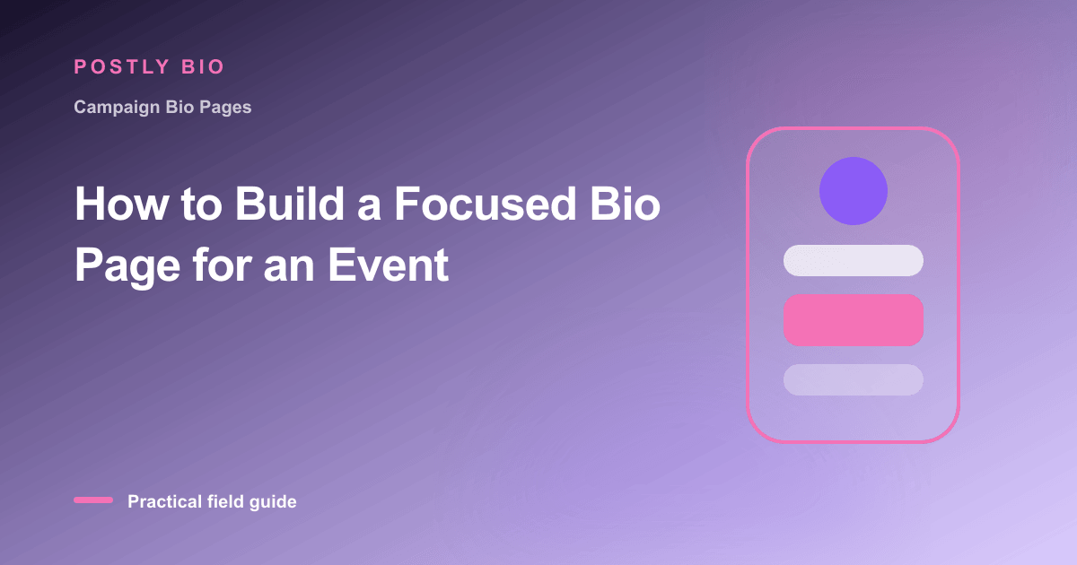 Branded illustration for “How to Build a Focused Bio Page for an Event” with a focused mobile Bio Page layout