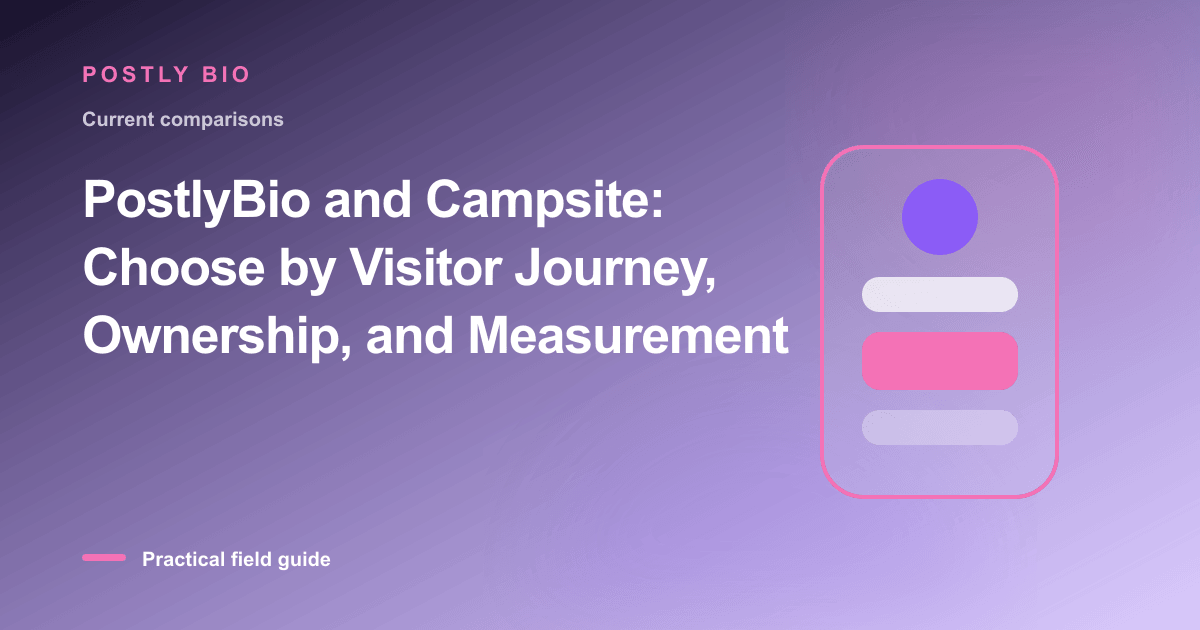 Branded illustration for “PostlyBio and Campsite: Choose by Visitor Journey, Ownership, and Measurement” with a focused