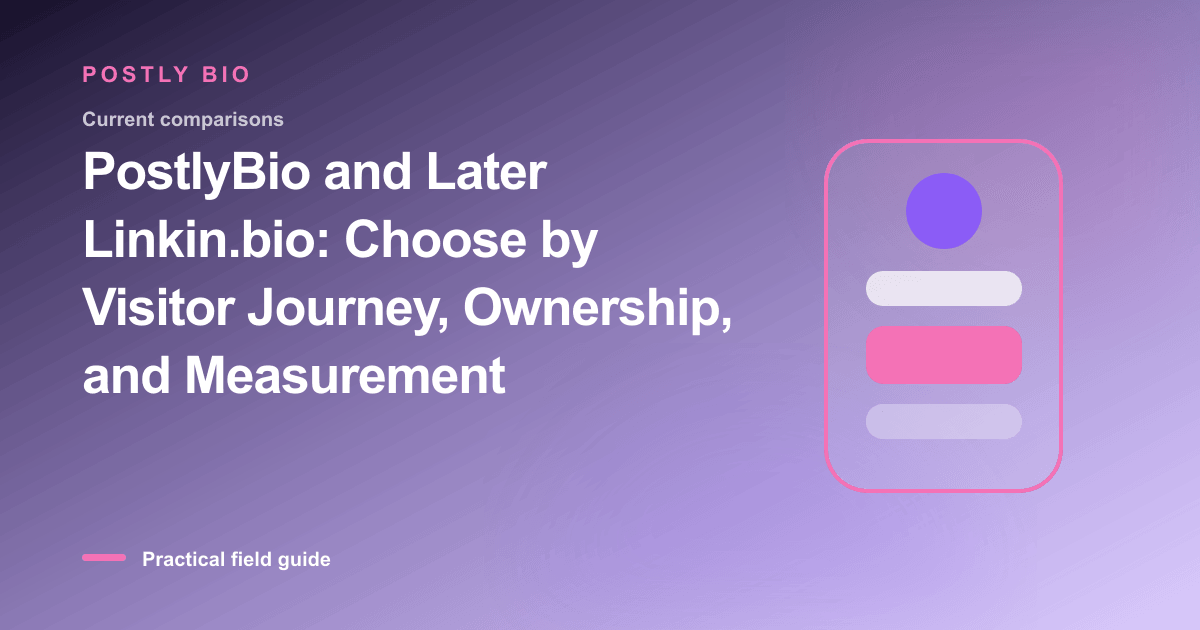 Branded illustration for “PostlyBio and Later Linkin.bio: Choose by Visitor Journey, Ownership, and Measurement” with a