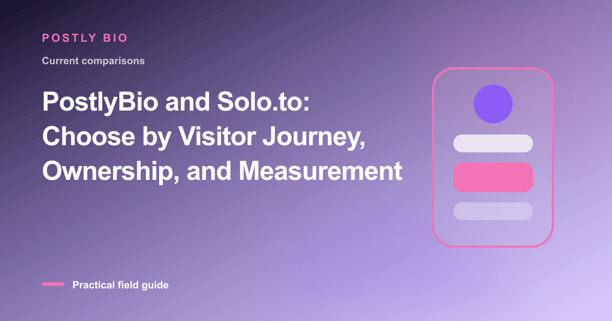 Branded illustration for “PostlyBio and Solo.to: Choose by Visitor Journey, Ownership, and Measurement” with a focused