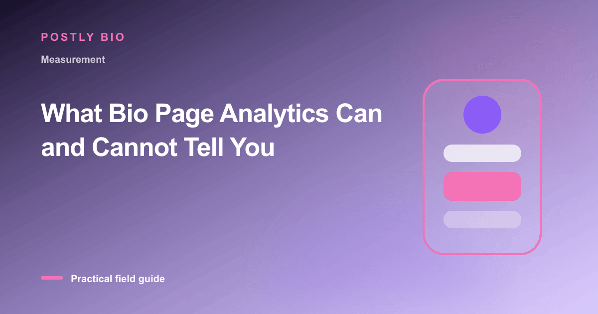 Branded illustration for “What Bio Page Analytics Can and Cannot Tell You” with a focused mobile Bio Page layout