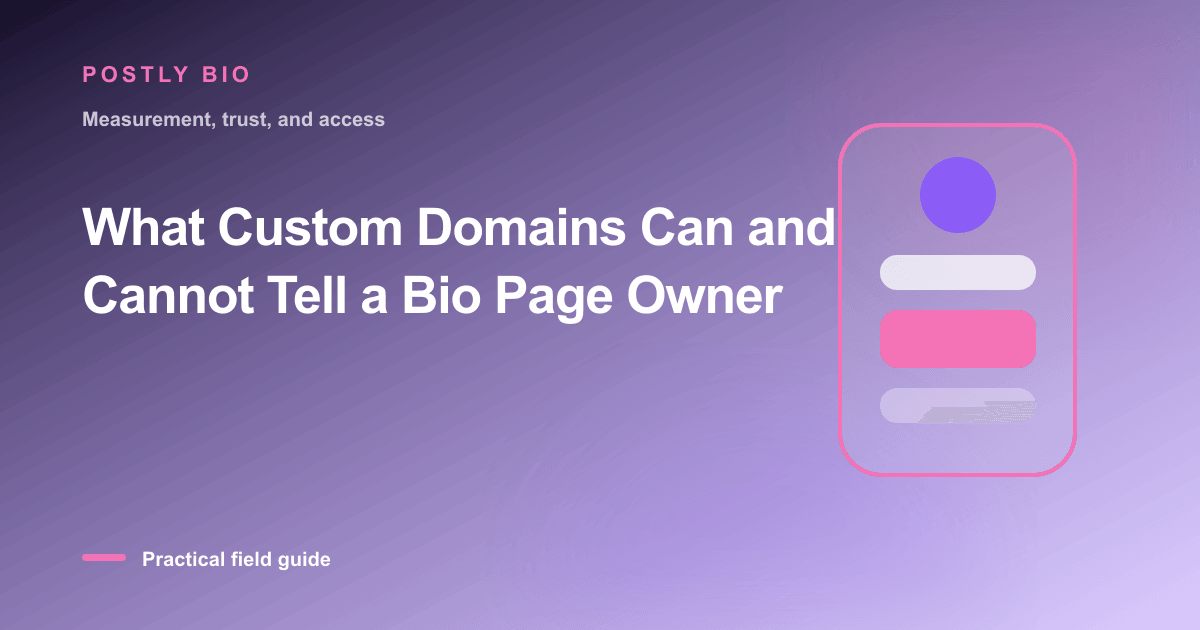 Branded illustration for “What Custom Domains Can and Cannot Tell a Bio Page Owner” with a focused mobile Bio Page layout