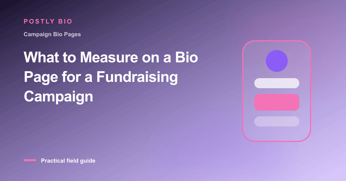 Branded illustration for “What to Measure on a Bio Page for a Fundraising Campaign” with a focused mobile Bio Page layout